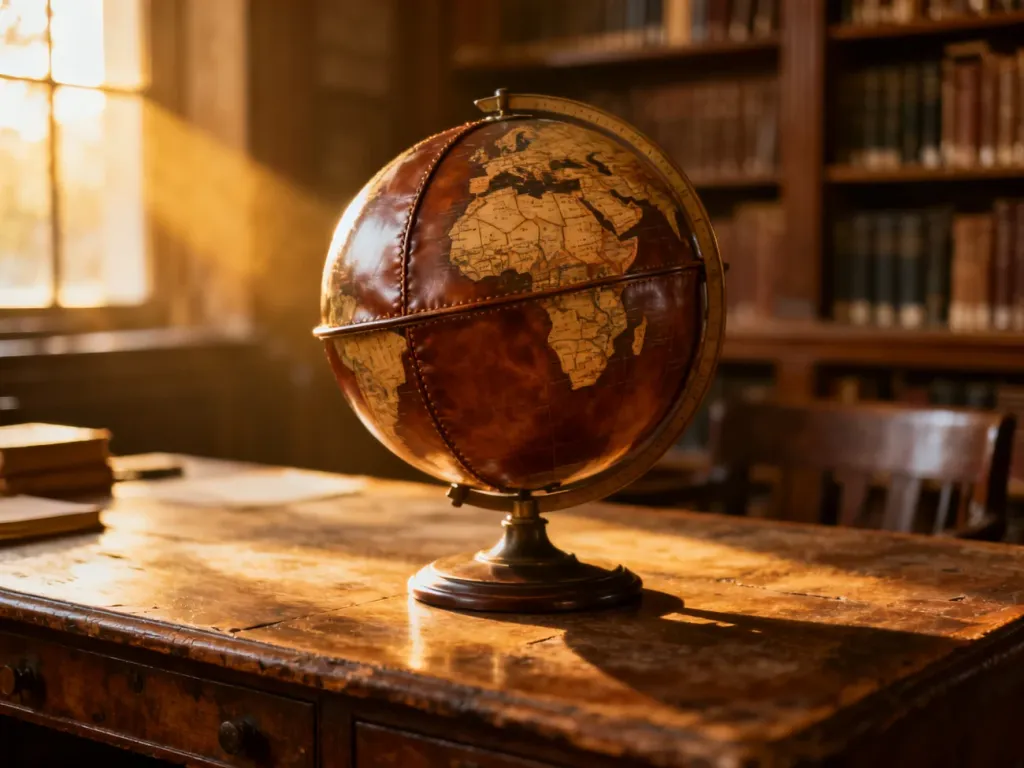 Zabytkowy globus na drewnianym biurku w klimatycznej bibliotece, symbolizujący podróże i odkrywanie świata.