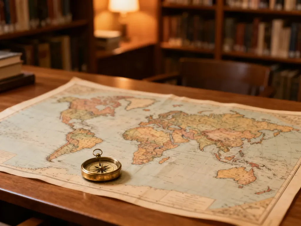 Zabytkowa mapa świata z mosiężnym kompasem na drewnianym biurku w przytulnej bibliotece.