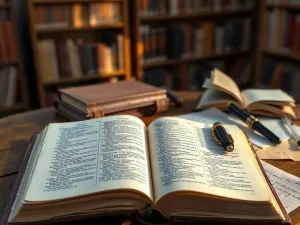 Otwarty słownik z unoszącymi się świetlistymi literami, symbolizujący ewolucję języka i proces przenikania zapożyczeń.