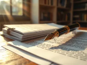 Drewniane litery na biurku obok otwartych słowników i notatnika, symbolizujące proces precyzyjnego doboru słów.