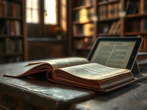Dwa pióra wieczne leżące na otwartym słowniku językowym, symbolizujące pracę nad precyzją słownictwa i naukę języka.