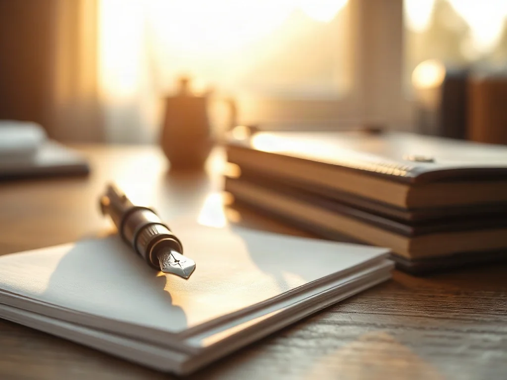 Wieczne pióro na stosie papierów i notatniku, symbolizujące profesjonalną redakcję tekstu i dbałość o słowo pisane.