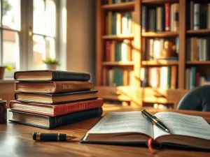 Otwarta, zabytkowa książka na biurku w otoczeniu kolorowych klocków z literami, symbolizująca naukę synonimów dla dzieci.