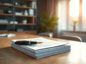 Drewniane biurko pisarza z notatnikiem i piórem w słonecznym gabinecie, tworzące inspirującą atmosferę do pracy twórczej.