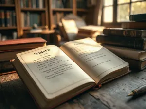 Drewniane biurko z kolorowymi kartami edukacyjnymi z synonimami w przytulnym domowym biurze.