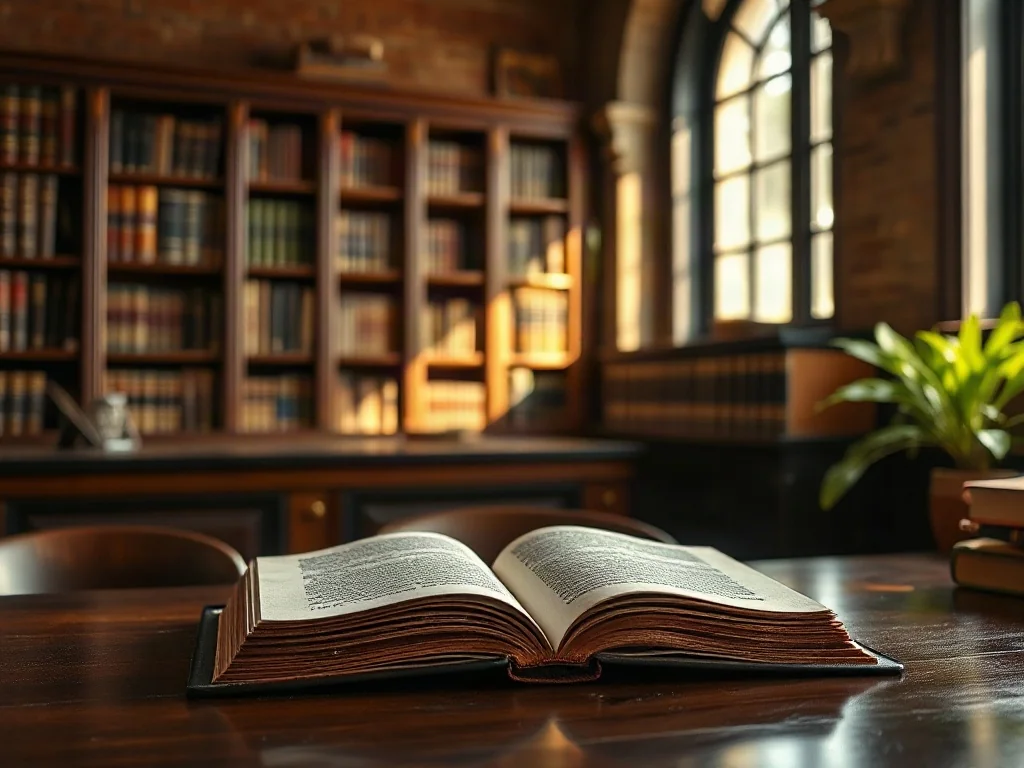 Otwarta księga prawnicza na biurku w bibliotece, symbolizująca dostęp do fachowej wiedzy i terminologii prawniczej.