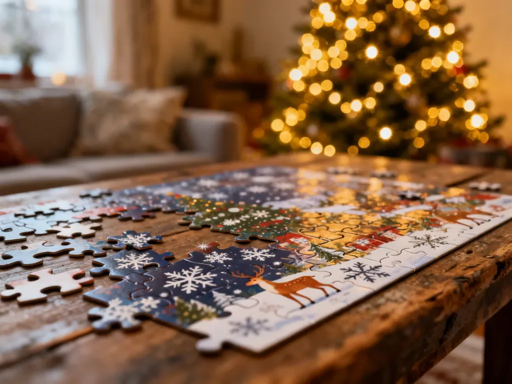 Kolorowe puzzle świąteczne rozłożone na drewnianym stole w przytulnym, oświetlonym choinką wnętrzu.