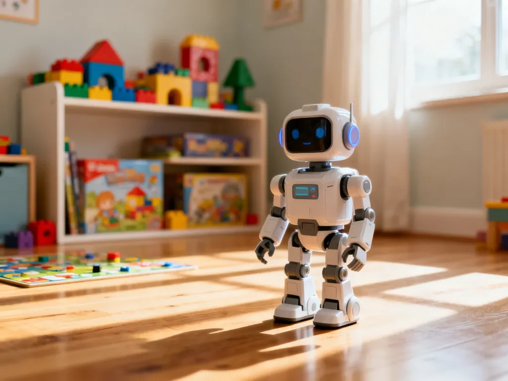 Nowoczesny robot edukacyjny na drewnianej podłodze w przytulnym pokoju dziecięcym, zachęcający do kreatywnej zabawy.