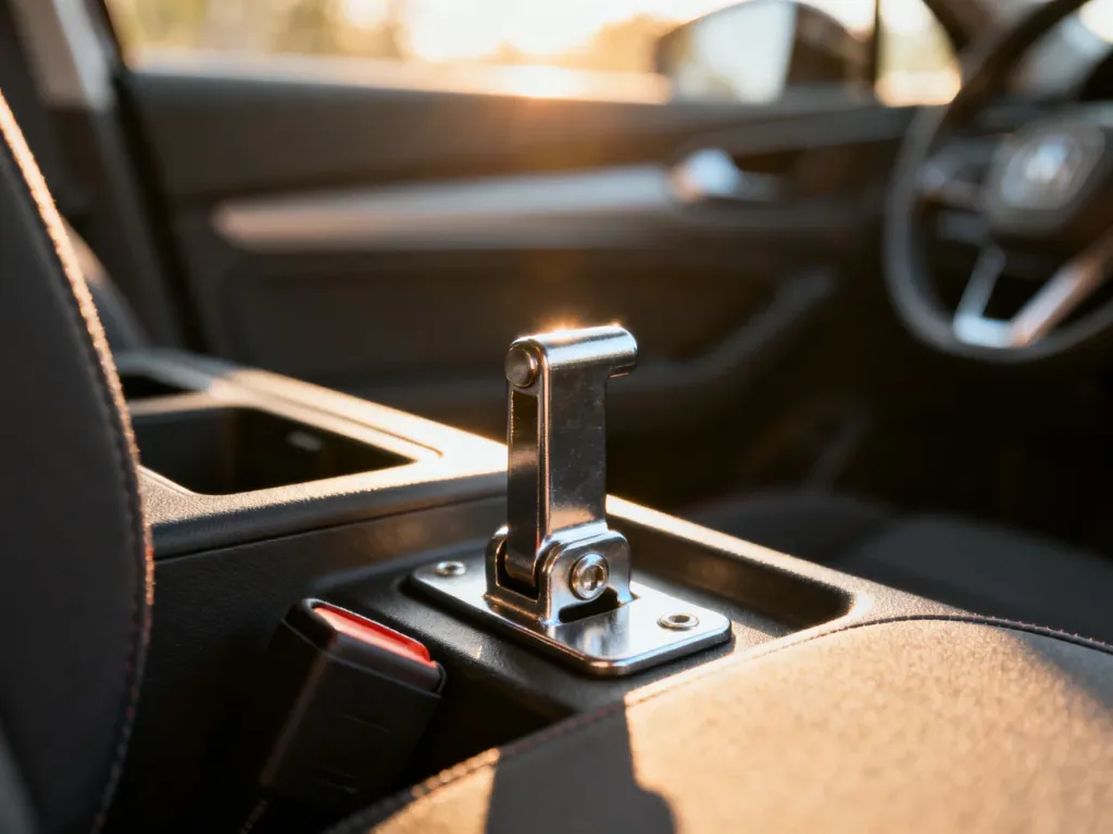 Metalowy punkt mocowania systemu Isofix wewnątrz samochodu, umożliwiający bezpieczny montaż fotelika dziecięcego.