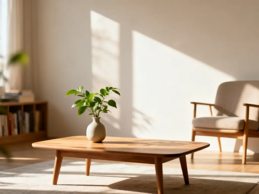 Przytulny salon w stylu minimalistycznym z drewnianym stolikiem kawowym, rośliną i ciepłym, porannym światłem.