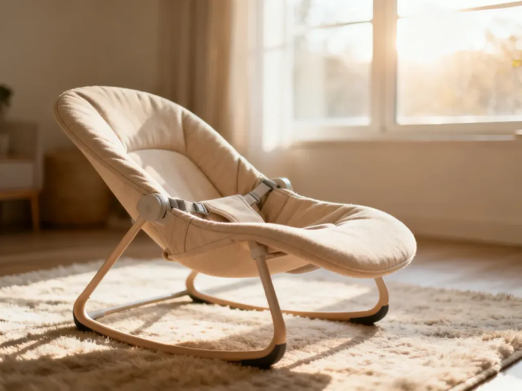 Nowoczesny, ergonomiczny leżaczek w odcieniu beżu ustawiony w przytulnym, słonecznym salonie.